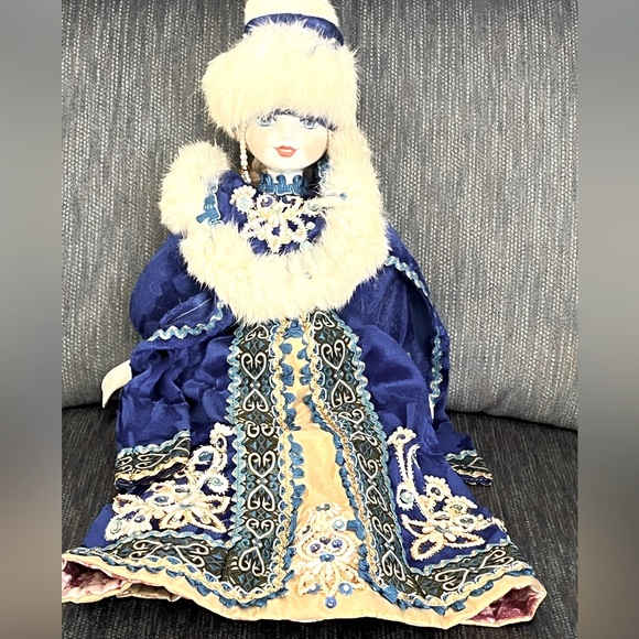 Russian Costumed Hand Painted Porcelain Doll 18” White Blue Gold Dress Fur Hat - Picture 1 of 13